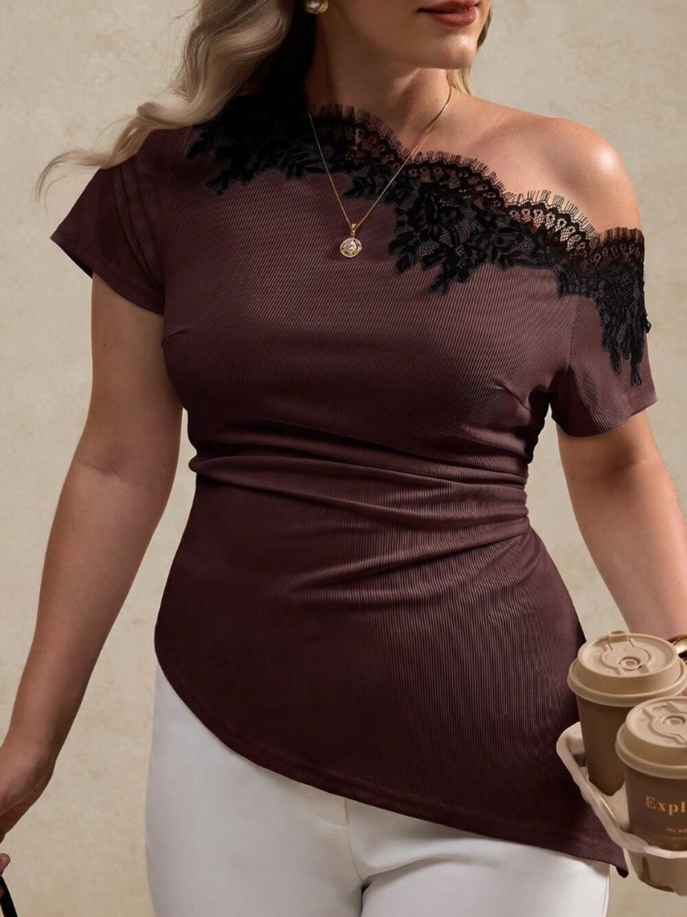 Brown Casual Women's Slim Fit Asymmetric Cold Shoulder Contrast Lace Tee